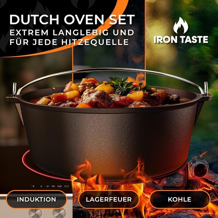 Набір чавунний казан Dutch Oven 4.5л з кришкою, підставкою та підйомником для кришки, підходить для 2-4 осіб