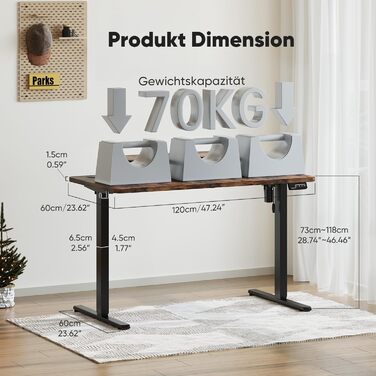 Регульований стіл Sweetcrispy з підставкою для монітора, 120 x 60 см. Електричний, ергономічний стіл для стоячи/сидячи, комп'ютерний стіл, вінтажний коричневий, 120 x 60 см