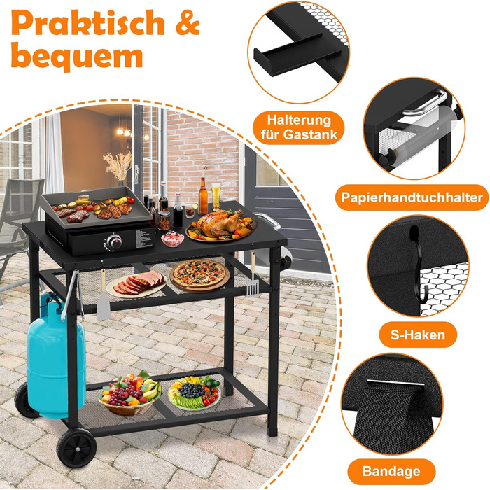 Гриль-вогнівку з грилем та піч для піци на коліщатках - стіл для гриля та піци для вулиці з двома сітчастими полицями для дому, вечірки, кемпінгу