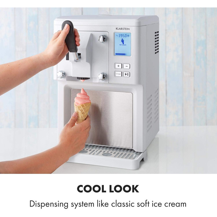 Машина для приготування морозива Klarstein Sweet Sundae, 1.5 л, компресор, 200 Вт, система видачі, авто-охолодження 3 год, авто-очищення, нержавіюча сталь, білий