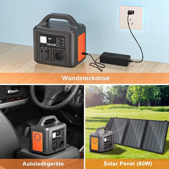Портативна електростанція SBAOH 600W, 538.7Wh, сонячний генератор з виходом AC/USB, для подорожей, кемпінгу та надзвичайних ситуацій