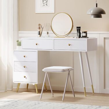 Туалетний столик Merax з дзеркалом та LED-підсвіткою, з бічною шафкою, 6 висувними ящиками та золотими ручками, білий, 102x100x41.5 см (без табурета)