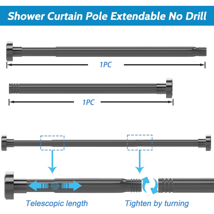 Висувна штанга для душу з нержавіючої сталі 185-250 см, без свердління, чорна
