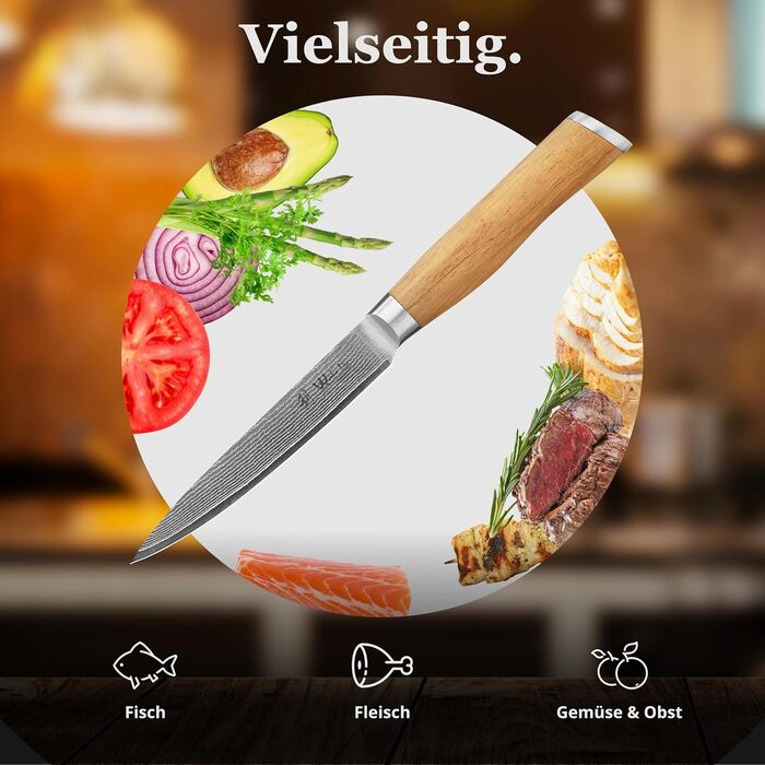 Ніж кухарський Wakoli з дамаської сталі (серцевина VG10), 20 см – гострий та збалансований – ніж з ручкою з оливкового дерева в подарунковій коробці – кухонний ніж Damask для професіоналів та любителів (універсальний)