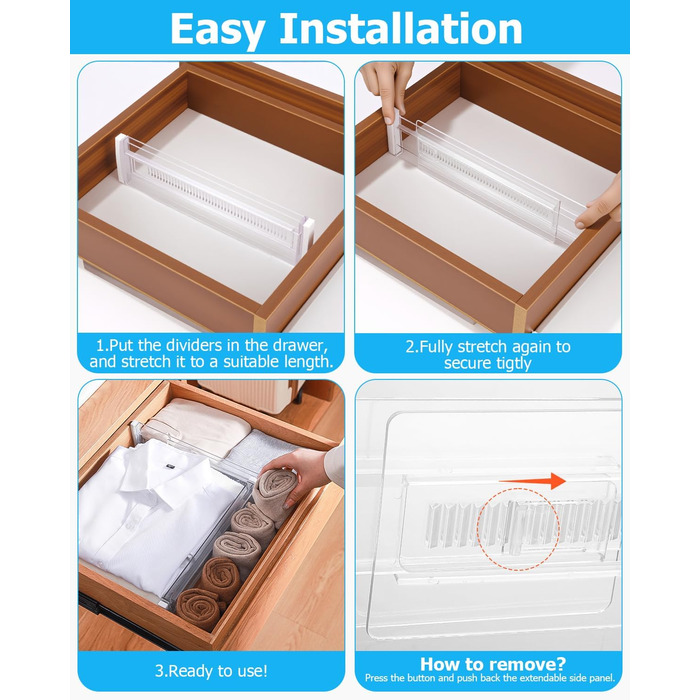 Набір роздільників для ящиків Cexovo, 8 шт., регульовані, пластикові. Роздільники для ящиків кухні, шафи, спальні, комода. Прозорі.