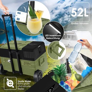 Автомобільний компресорний холодильник KESSER 42L з Wi-Fi, 12/24/230V, до -20°C, з колесами та телескопічною ручкою для кемпінгу, фургонів, вантажівок + 2 акумулятори холоду (52л, Хакі)