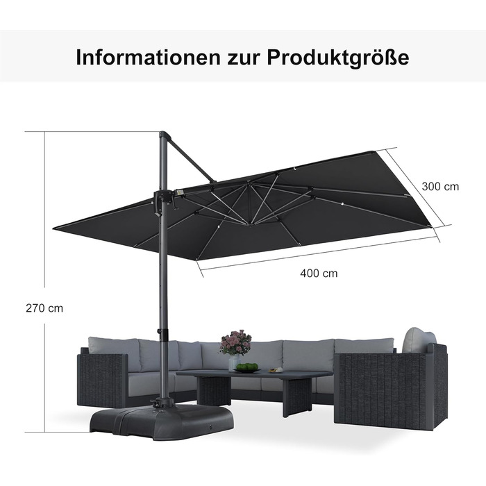 Парасолька від сонця PURPLE LEAF 300x400 см, велика підвісна парасолька-ампел з рукояткою, поворотом на 360° та хрест-підставкою для тераси та балкона, чорна