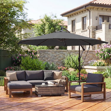 Великий парасоль для саду, діаметром приблизно 300 см, з регульованим нахилом, з ручним механізмом відкривання, хрестоподібним основанням, відтяжками від вітру та захисним чохлом, темно-сірого кольору.