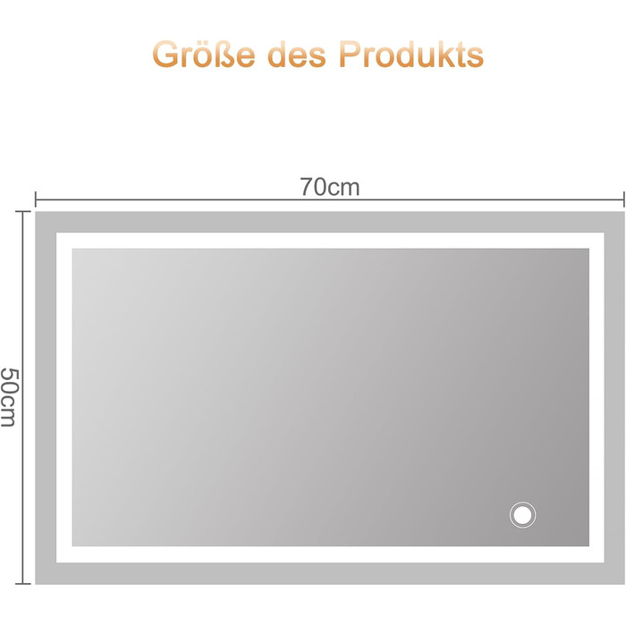 Дзеркало для ванної кімнати зі світлодіодним підсвічуванням 50x70 см, з сенсорним вимикачем, срібне