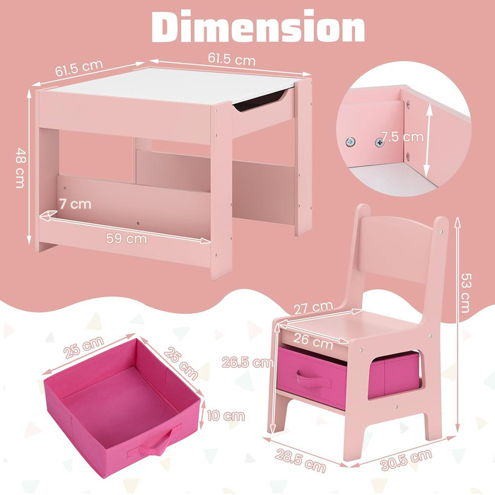 Дитячий столик Dreamade 4 в 1 з 2 стільцями: дерев'яний набір з дошкою та полицями, столик-стілець для дітей з 2 тканинними коробками, рожевий