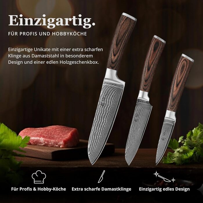 Набір кухонних ножів Wakoli EDIB 3 шт. з дамаської сталі (серцевина VG10) у дерев'яній подарунковій коробці – гострі та ергономічні – набір дамаських ножів з ручками з паккавуда