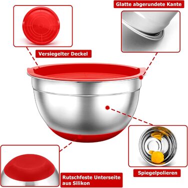 Набір мисок TEAMFAR з нержавіючої сталі: салати, зберігання, приготування їжі. Об'єм: 0.7-6.5 л, з кришкою та силіконовим дном.