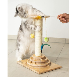 Підставка для котячих кігтеток PetJunkee - інтерактивна іграшка для кішок з підставкою для кігтеток висотою 40 см, пером і брязкальцями - Когтеточка для маленьких-Меблі для котячих кігтеток дерев'яна