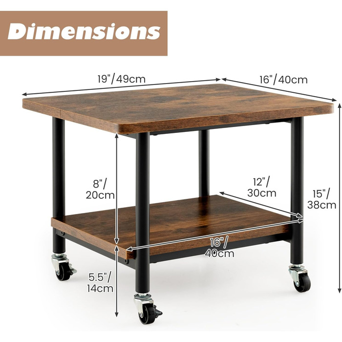 Стіл для принтера HOMASIS 2-ярусний, стійка для принтера з 4 колесами та 2 гальмами, вантажопідйомність 55 кг, підставка для принтера, полиця для принтера, візок для принтера для офісу та дому (колір: коричневий)