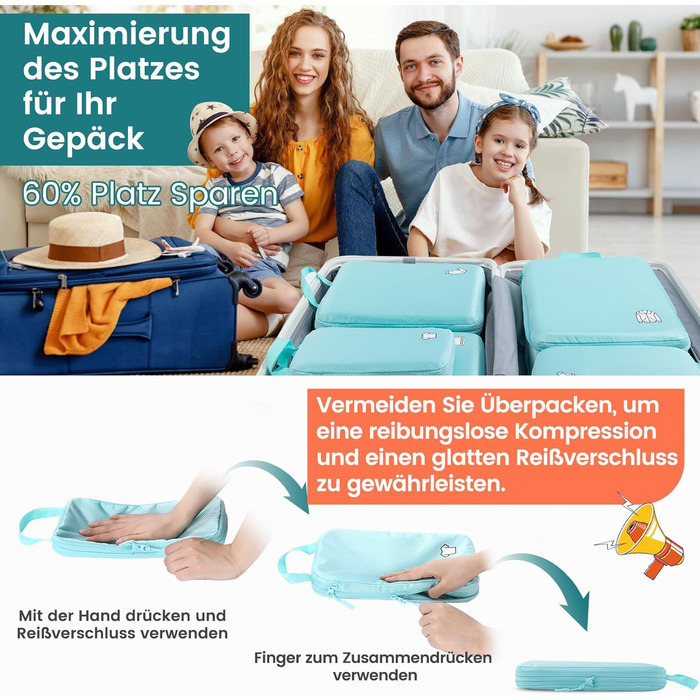 Набір органайзерів для подорожей у валізу з компресією, 8 шт, водонепроникні пакувальні куби для ручної поклажі та рюкзака, світло-блакитний