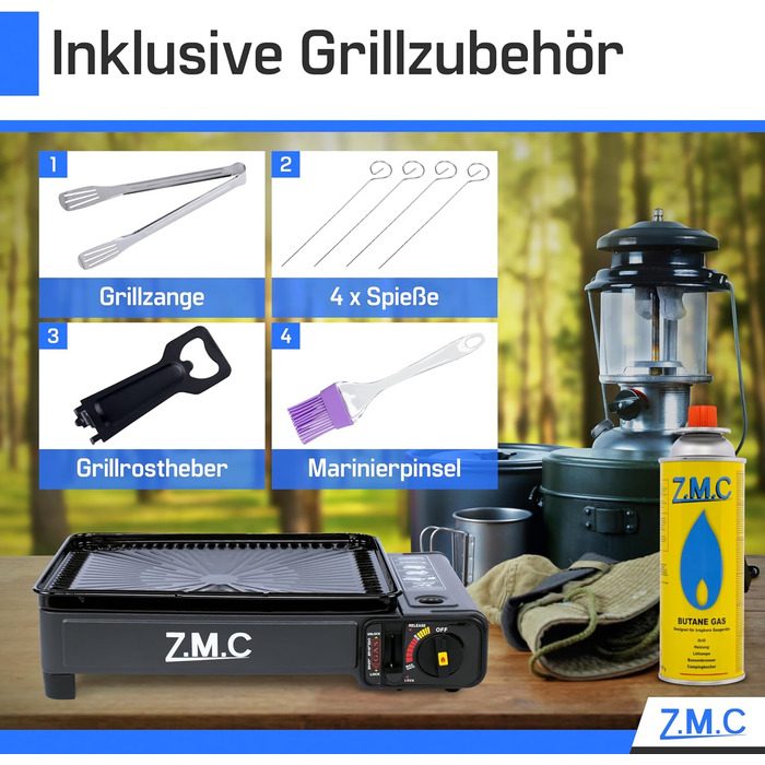 Z.M.C. 2-в-1 газовий набір для кемпінгу: плита та гриль з аксесуарами та кейсом. Газовий гриль та плита з пьезозапалюванням, 2.2kW, LPG-підключення