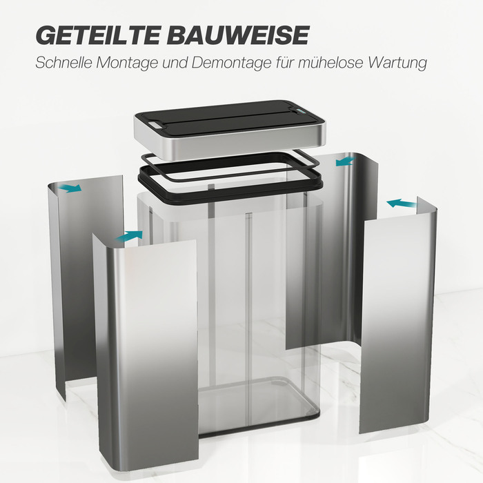 Відро для сміття HOMCOM з датчиком, об'єм 55 л, кришка-метелик, автоматичне відкривання, нержавіюча сталь, сріблястого кольору