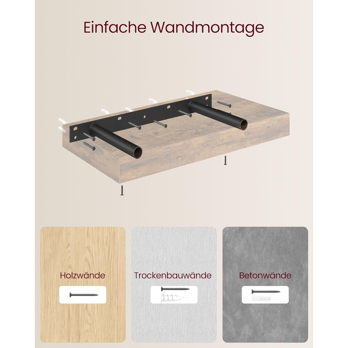 Настінна полиця VASAGLE, 3 шт. у наборі, 20 x 80 x 3,8 см, вінтажний колір, для фотографій, декору, вітальні, кабінету, кухні