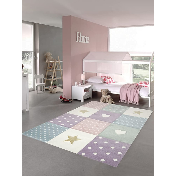 Килим-мрія для дитячої кімнати, ігровий килим і дитячий килим, дизайн у вигляді зірочок у формі серця, рожевий, білий, сірий Розмір (80 х 150 см, кремово-рожевий, синій)