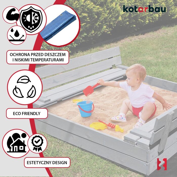 Пісочниця KOTARBAU® з кришкою, 120x120 см, дерево, з лавками