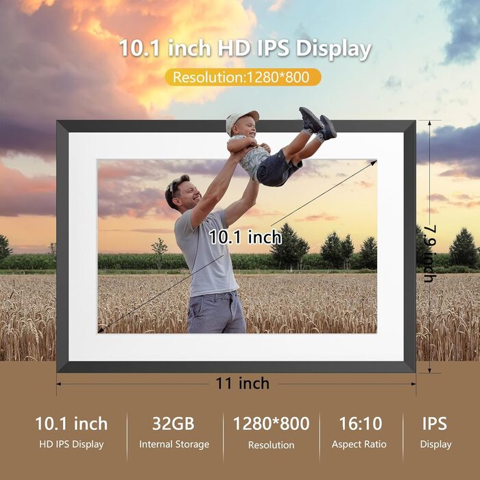 Цифровий фоторамка Frameo з Wi-Fi, 10.1 дюйма, 32GB, сенсорний екран, автоповорот, чорний