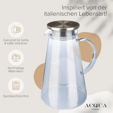 Скляна карафа ACQUA DI AMALFI® 2 літри з нержавіючою сталлю/бамбуком, для води та фруктів, витоки неможливі, також як чайник (Blue/Steel)