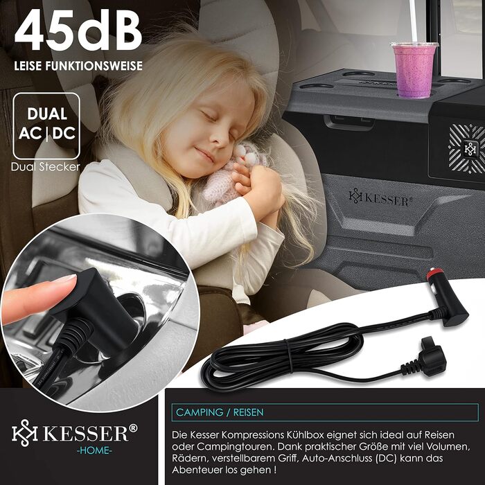 Електрична термохолодильник KESSER® Kompressor на 30 літрів (-20°C) з APP-керуванням, USB, 12/24/230V, телескопічною штангою, акумуляторами, колесами для авто, вантажівки, човна
