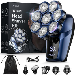  Бритва чоловіча електрична, базівве 7 в 1, 8 обертових бритвених головок, IPX7 водонепроникна, LCD, синя
