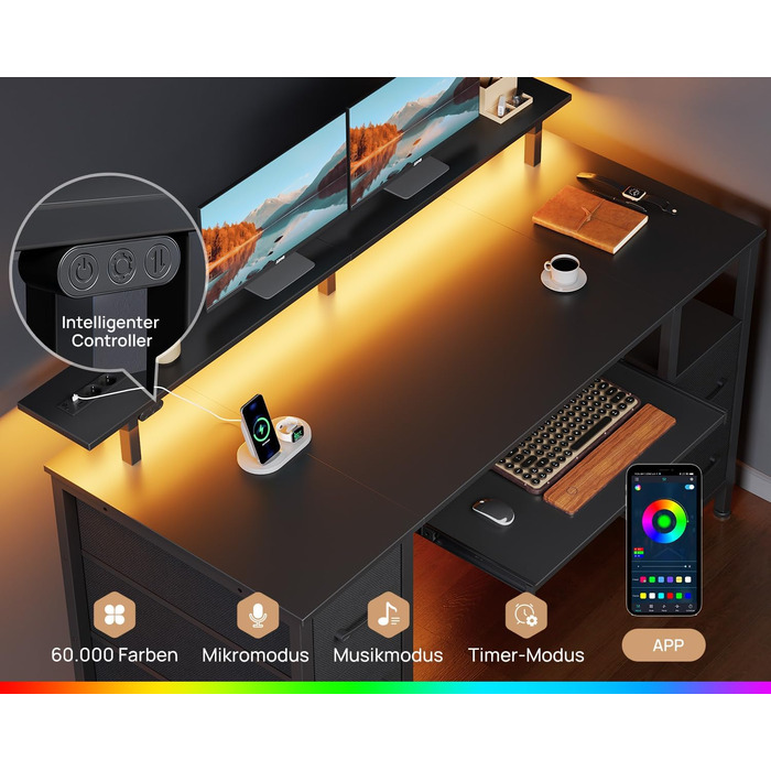 Комп'ютерний стіл Rolanstar з ящиками, 120x47 см, ігровий стіл з розеткою, LED-підсвітка та підставка для монітора, стіл для дому, офісу, вітальні, білий (чорний)