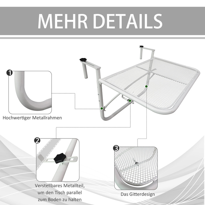 Зручний навісний столик для балкона – 3-рівневе регулювання висоти, металевий, стійкий до погодних умов. Ідеальний балконний столик, приставний столик для балконних та терасійних поручнів. Розміри: 60 x 56 см, колір – білий.