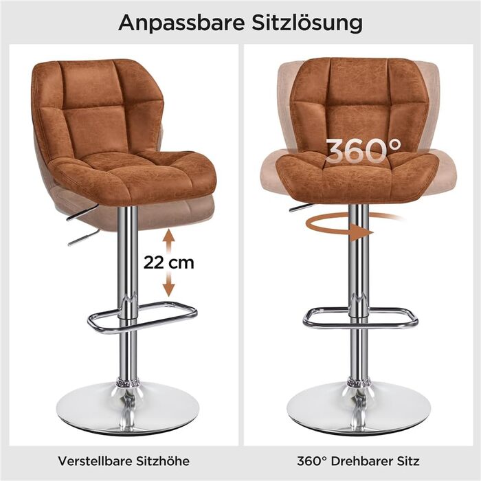 Барні стільці Yaheetech (набір 6 шт.) регульовані по висоті, обертаються на 360°, з підніжкою, PU-шкіра, чорний/ретро-коричневий