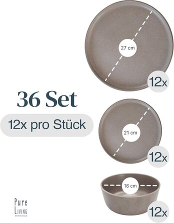 Набір посуду Steingut Pure Living 36 предметів (12 осіб) - сіро-коричневий матовий посуд для обіднього столу