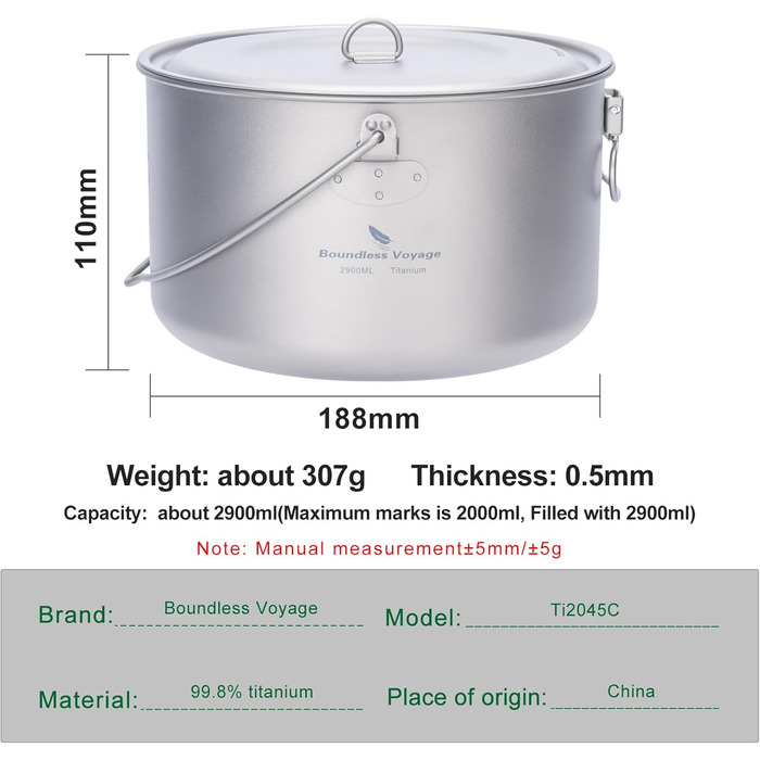 iBasingo 2.9L Титановий туристичний посуд з великою місткістю - казанок для кемпінгу, легкий похідний набір для приготування їжі, кухонні аксесуари з складною ручкою для 1-3 осіб (Ti2045C)