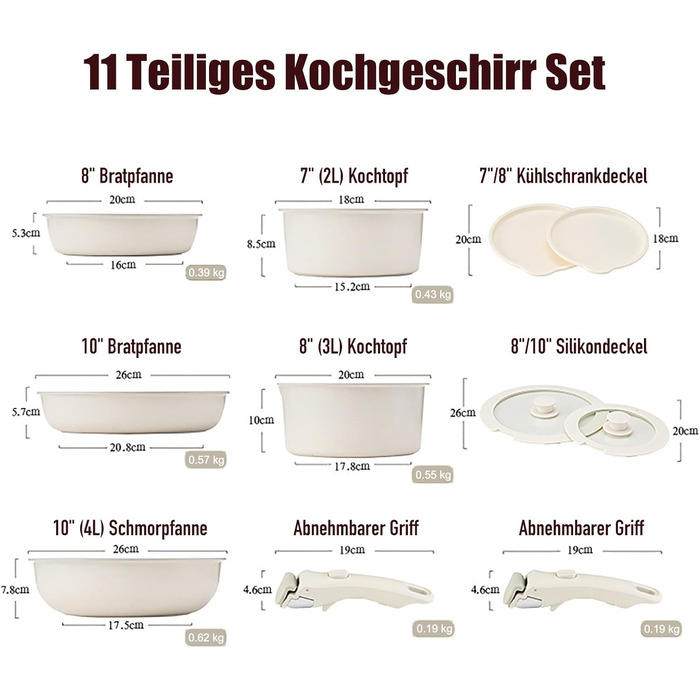 Набір кухонного посуду 11 предметів з антипригарним покриттям, знімні ручки, сумісний з індукцією, газовою плитою, духовкою та посудомийною машиною, без PFAS (білий)