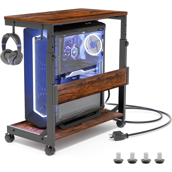 Регульована підставка для комп'ютерного блоку з 2 полицями та місцем для зберігання – для корпусів ATX, принтерів, з фіксуючими роликами (Темно-коричневий, B64 x T34 x H59-84,5cm)