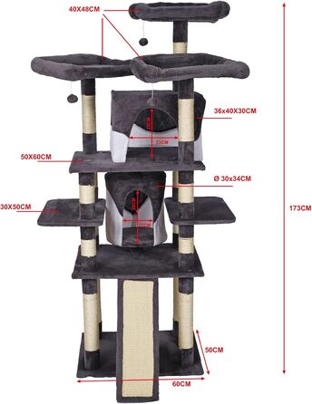 Кігтеточка Wiltec сіра/біла 173 см, сизаль, кігтеточка, будиночки для кішок, лазіння по дереву, ігрові м'ячі