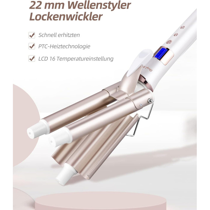 Праска CkeyiN 22 мм Wave 3 Barrels Плойка Пляжні хвилі 80C-230C, гофрована праска для довгого/короткого волосся Бігуді для волосся з водяною хвилею з РК-дисплеєм Плойка з трьома смужками Плойки