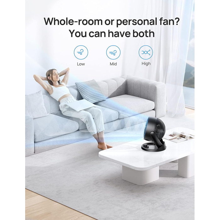 Дрео - тихий настільний вентилятор 30 см, 3 швидкості, 21 м³/хв, кут нахилу 120°, чорний