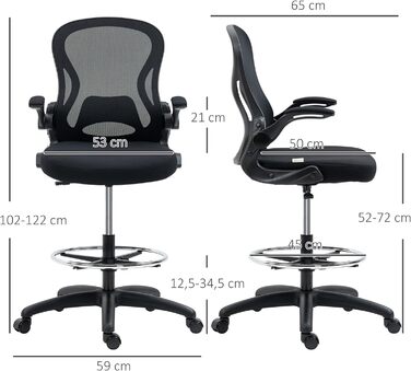 Офісне крісло Vinsetto, ергономічне, регульоване, поворотне, 102-122 см, коліщатка, поперекова опора, чорне