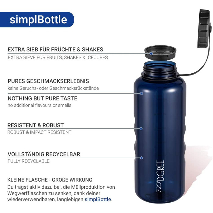 Пляшка для пиття simplBottle з температурою 720D - 1,5 л - твоя герметична пляшка для води - спортивна пляшка для занять спортом, тренажерного залу, фітнесу, велосипеда, дітей, школи та офісу-Без BPA (сапфірово-блакитний / синій, 1500 мл)