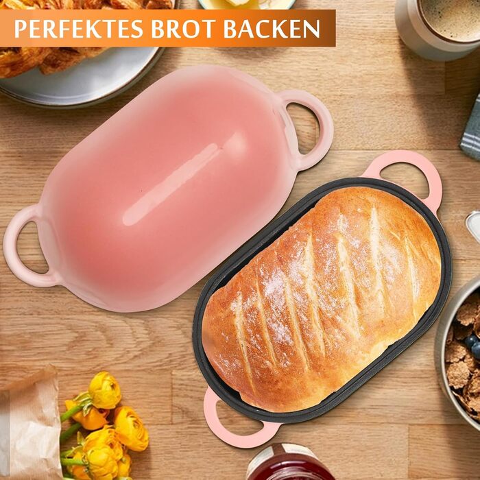Форма для випікання хліба з кришкою Gusseisen, 23 см, емальована чавунна форма, 2.75 л, підходить для духовки (переливи синьо-зеленого та рожевого кольорів)