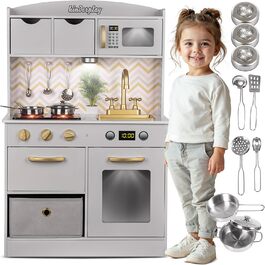 Дерев'яна дитяча кухня Kinderplay з LED та звуками приготування їжі – регульована висота 92–107 см – іграшкова кухня для ролевих ігор від 3 років – повний комплект з аксесуарами, світло-сірий колір Elegant - світло-сірий