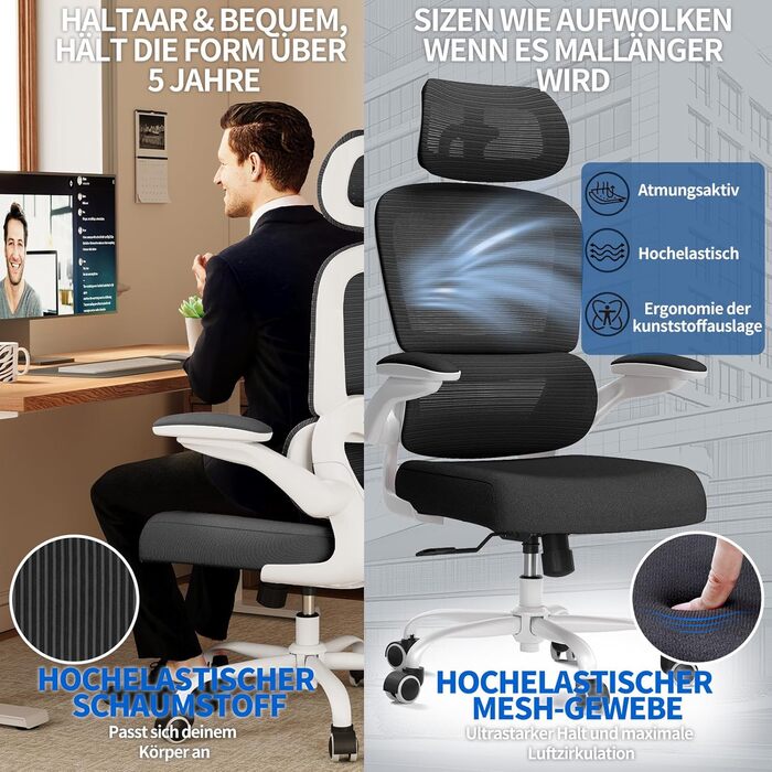 Ергономічне крісло TRALT для офісу з регульованою поперековою підтримкою та підголівником. Ігрове крісло, офісне крісло, крісло для дому, крісло для великих людей, 150 кг, біло-чорне