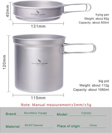 Набір посуду для кемпінгу Boundless Voyage з титанових казанів та сковород, для пікніків та відпочинку на природі (Ti1586B)