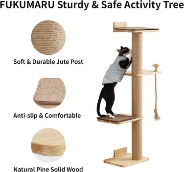 Настінна когтеточка FUKUMARU 127,7 см, котяча лежанка, джутова когтеточка та килимок, дерево каучукового дерева
