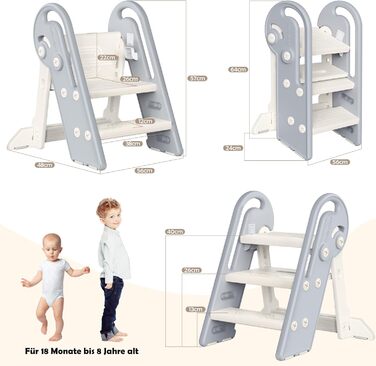 Дитячий підсвічник Onasti Tritthocker: регульована висота, 3 ступені, з ручками, складний, анти-кіп та анти-ковзний, для кухні, ванної кімнати, умивальника та туалету (сірий)