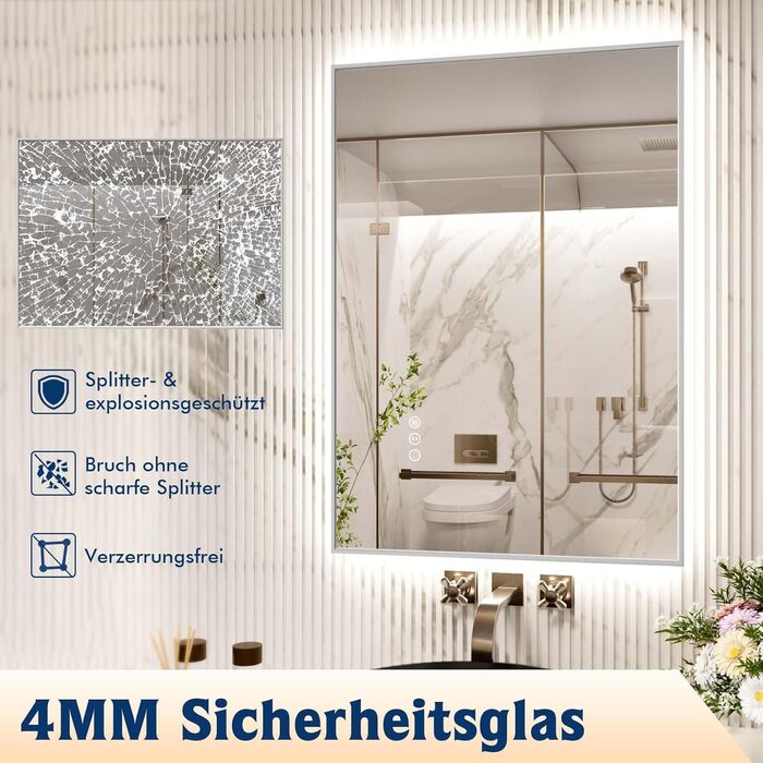 LED дзеркало для ванної кімнати 60x80 см з підсвічуванням, сенсорне, регулювання яскравості, 3 кольори світла, проти запотівання, водонепроникне IP44, горизонтальне/вертикальне