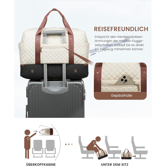 Спортивна сумка LOVEVOOK для жінок з відділенням для ноутбука, 40л, Gym Bag, Travel Duffle, для подорожей, фітнесу, клініки, лікарні (чорний+бежевий+коричневий, з відділенням для взуття)