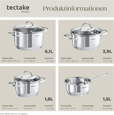 Набір каструль tectake® 7 шт. з нержавіючої сталі: каструлі з кришками для плити (індукційна, газова, електрична) - кухонний набір для дому та кемпінгу