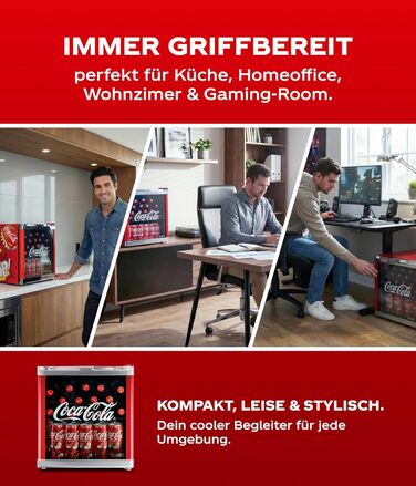 Міні-холодильник для напоїв °CUBES Original Coca-Cola PopArt червоний (48л) з glass-дверцяма, енергоефективний та безшумний — для офісу, геймінгу та вечірок